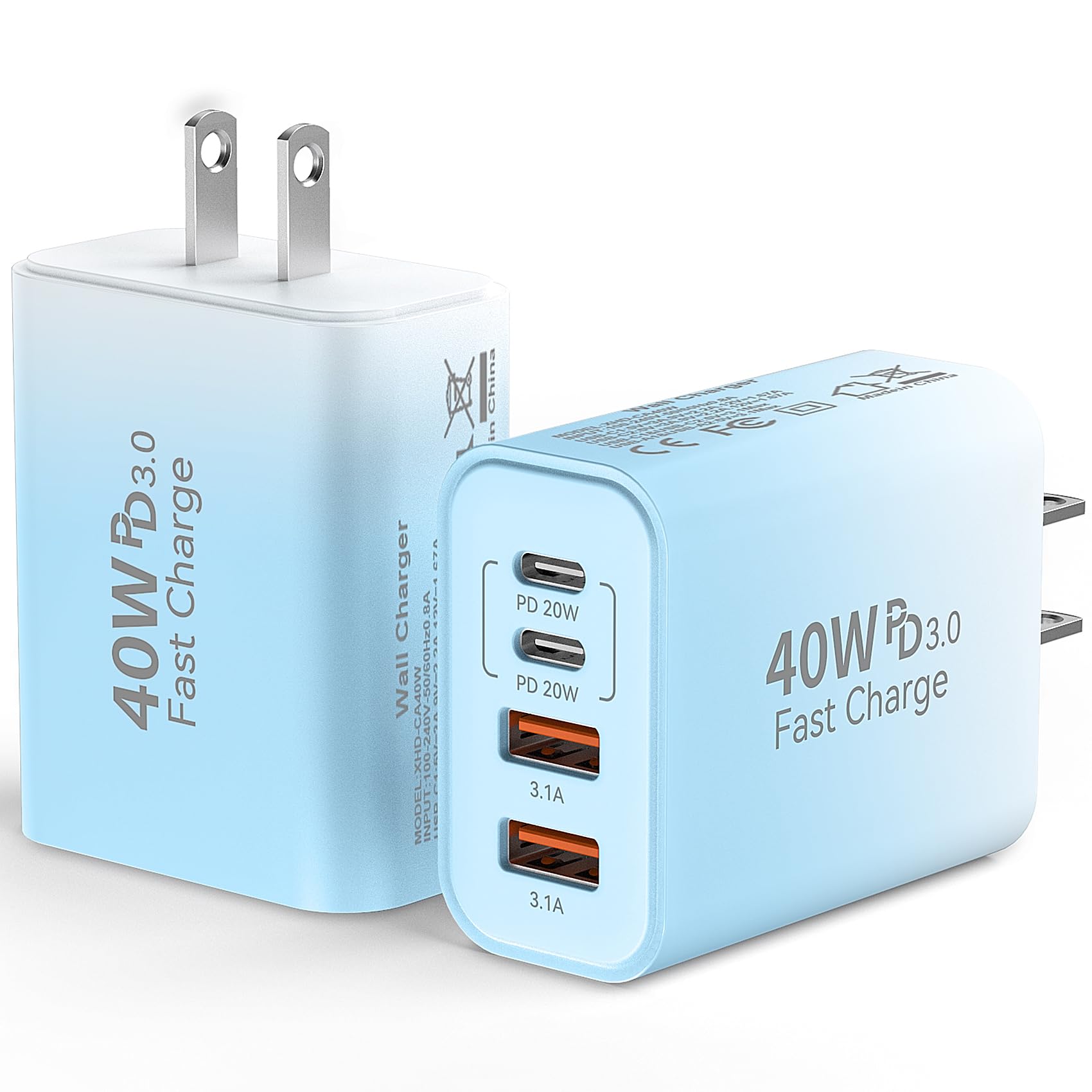 Duloch USB C Wall Fast Charger Block, 40W 4-Port Type C Chargers Fast Charging Blocks for Phone 17/16/15/14/13/12 Pro Max, Pad, Galaxy S24/23-2Pack Gradient Blue