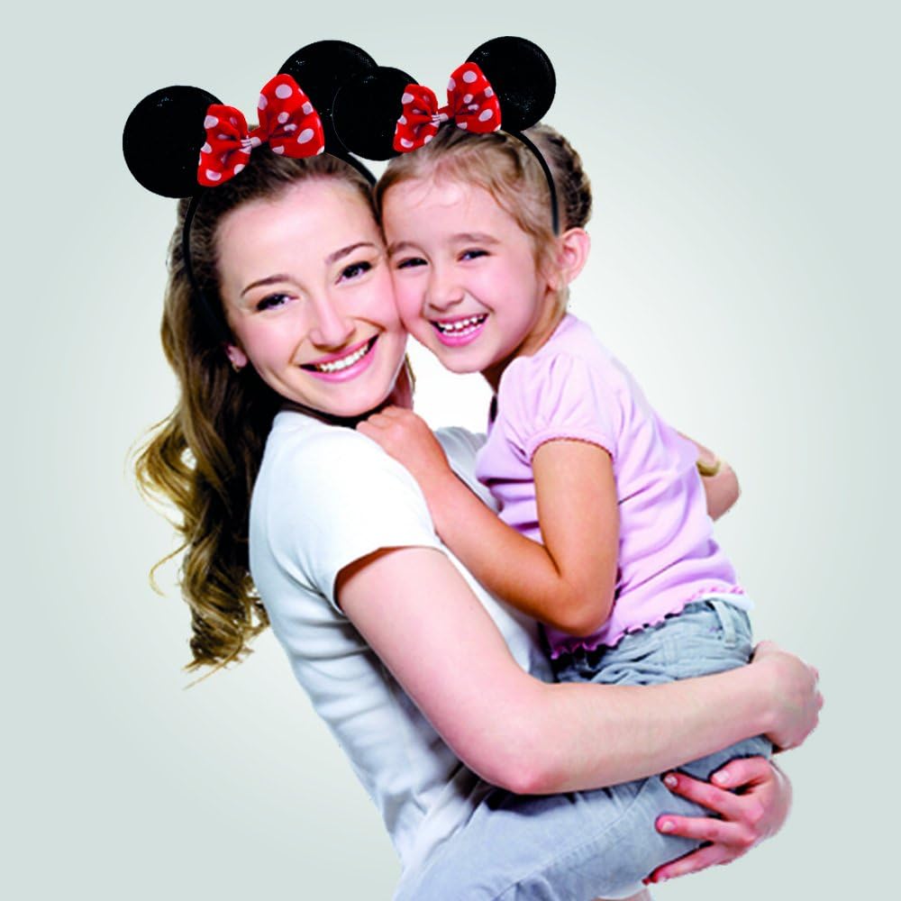 Disney Minnie Mouse Sparkled Ear Shaped Headband with Polka Dot Bow, Mommy and Me Set, Include One Adult Size and One for Little Girl Age 2-7: Clothing