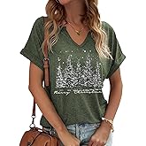 Earlymemb Womens Christmas V Neck Shirt Funny Xmas Holiday Graphic Short Sleeve Tee Family Holiday T-Shirt Blouse