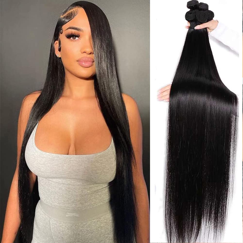 Brazilian Straight Human Hair Bundles 100% Unprocessed Virgin Human Hair Extensions 3 Bundles Double Wefts Natural Black Color for Women, 14 16 18 Inch — image 1