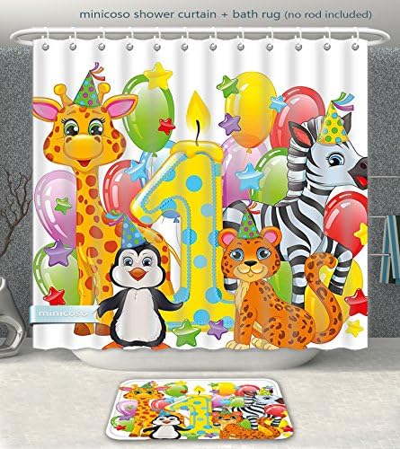 Aireeo Bathroom 2-Piece Suit 1st Birthday Decorations Kids Party with Baby Safari Animals Zebra Lion Balloons Backdrop Multicolor Shower Curtain And Bath Rug Set, 66" Wx71 H &amp; 23" Wx16 H