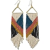 INK+ALLOY Beaded Earrings for Women Dangling, Emilie Seed Bead Long Fringe Statement Boho Earrings, Hypoallergenic Handmade Jewelry for the Modern Bohemian, 4.5-Inch