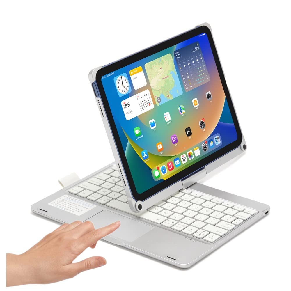HENGHUI 360° Rotatable Touch Keyboard for iPad A16 2025 (11th Gen,11")/ iPad 10th Generation 2022 10.9 inch Backlight Keyboard Built‑in Trackpad, Bluetooth Foldable Keyboard Cover (Silver)