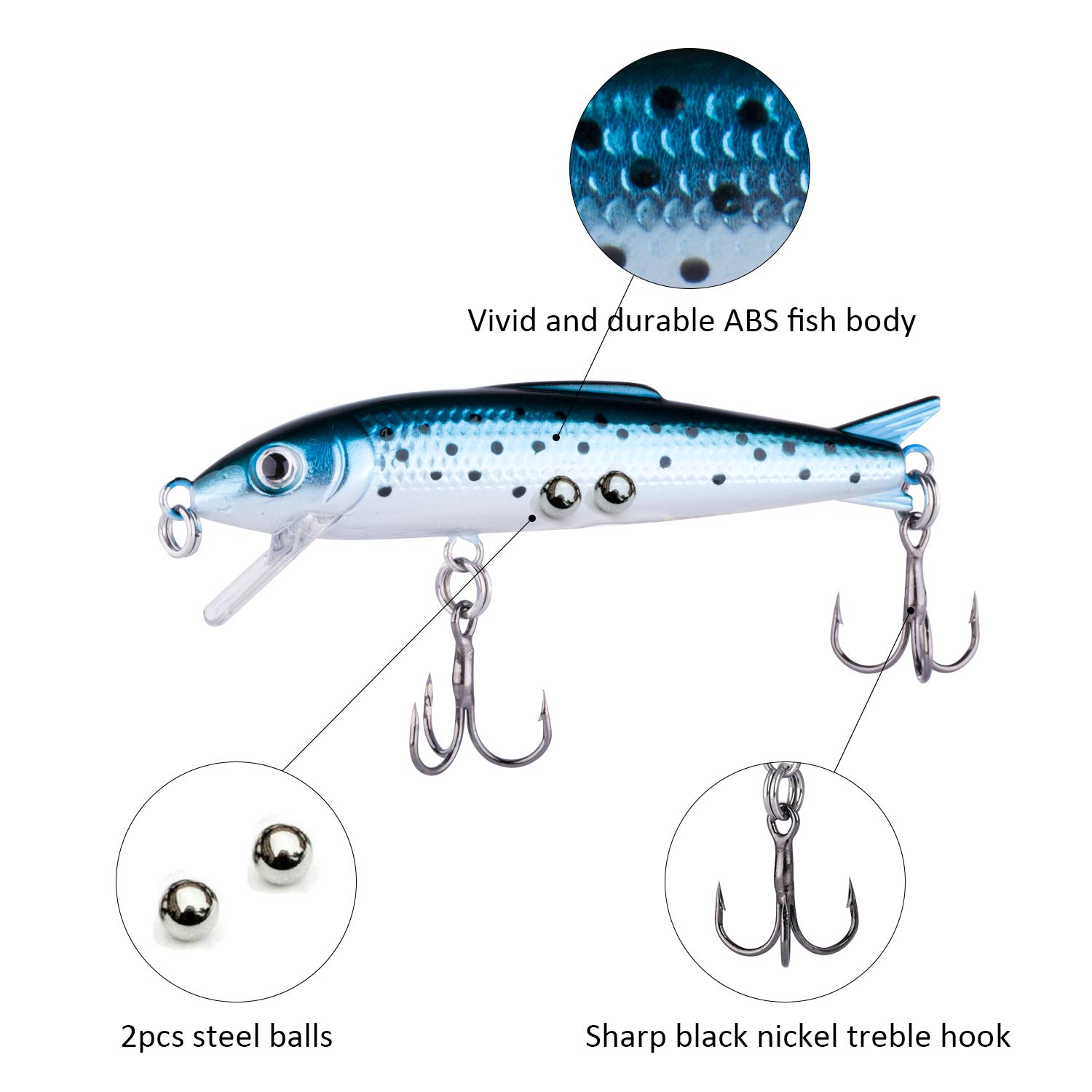 Goture Minnow Fishing Lures Hard Topwater Baits With 2 Sharp Treble Hooks For Bass Trout - Pack of 5