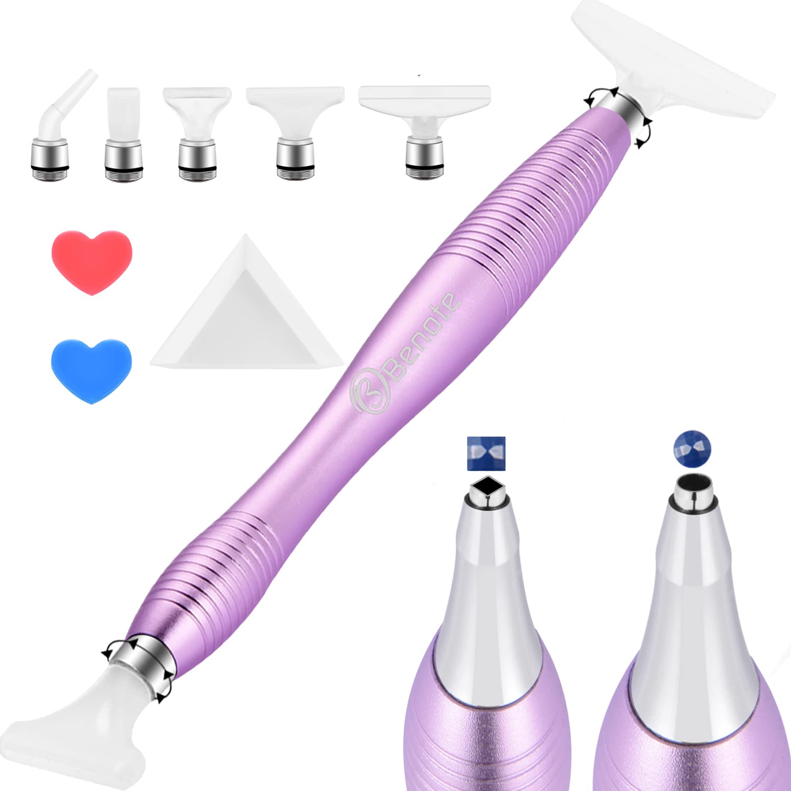 Benote Metal Diamond Art Pen - Ergonomic 5D Art Drill Sticky Tool With Multi Replacement Heads and Wax (Purple)