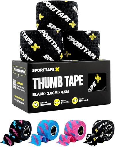 SPORTTAPE 3 Rolls Thumb Tape Black 3.8cm x 4.5m Weightlifting Tape