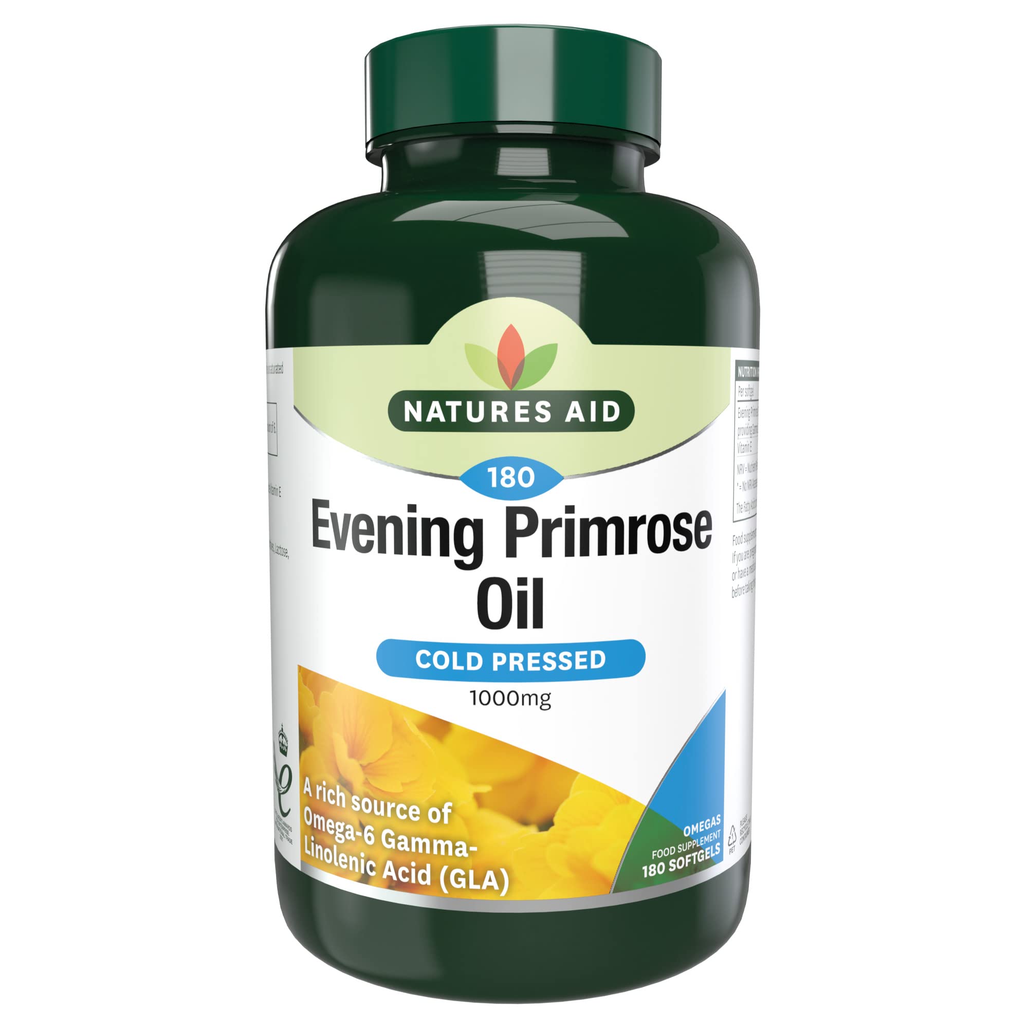 Natures Aid Evening Primrose Oil 1000mg – Cold Pressed Omega-6 GLA – Supports Hormonal Balance & Skin Health – High Strength Potency – Non-GMO, Gluten-Free – 180 Softgel Capsules