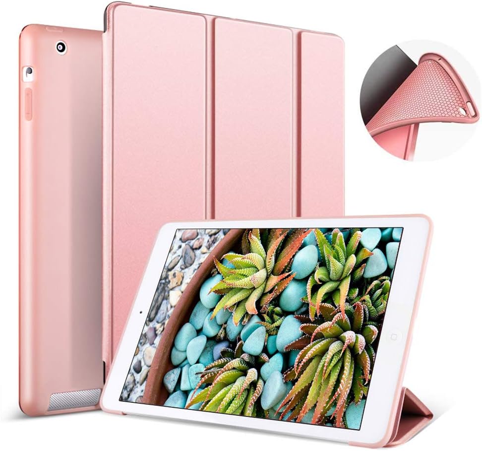 Aoub Case for iPad 2/3/4 (Old Model), Ultra Slim Lightweight Trifold Stand Smart Auto Sleep/Wake Cover, Soft TPU Silicone Back Case for iPad 2nd/3rd/4th Generation, Rose Gold