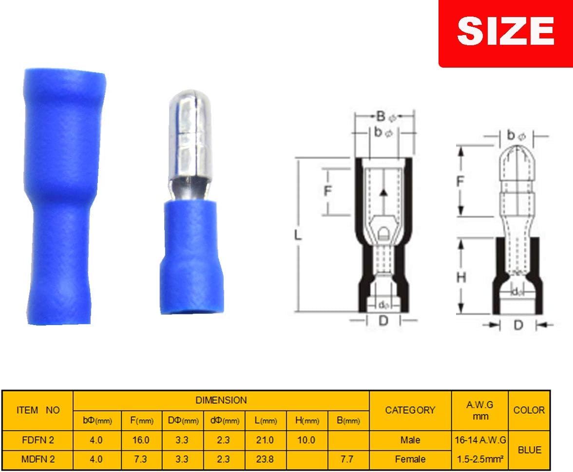 Yosawo 100-pieces Insulated Male/Female Bullet Quick Splice Wire Connector Electrical Crimp Terminal 16-14AWG Blue (ZDL) - Image 3