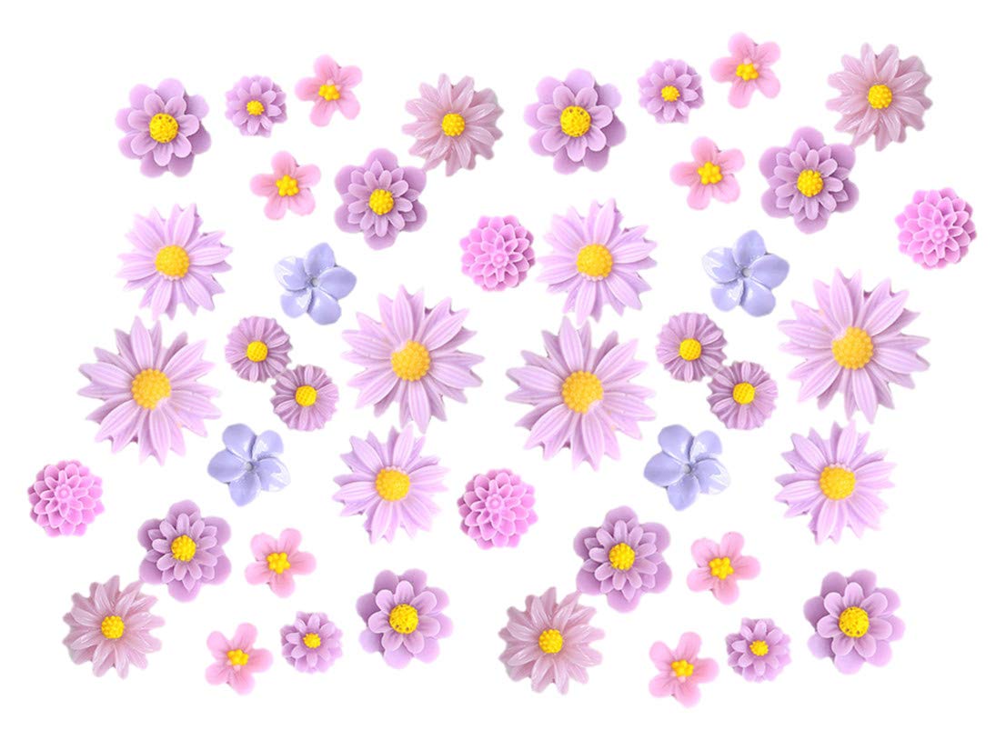 44 Pack Flower Resin Charms Daisy Peony Plastic Flatback Loose Beads for Jewellery Making Scrapbooking Phone Case Decor Hair Accessories Fairy Garden Decor (Violet)