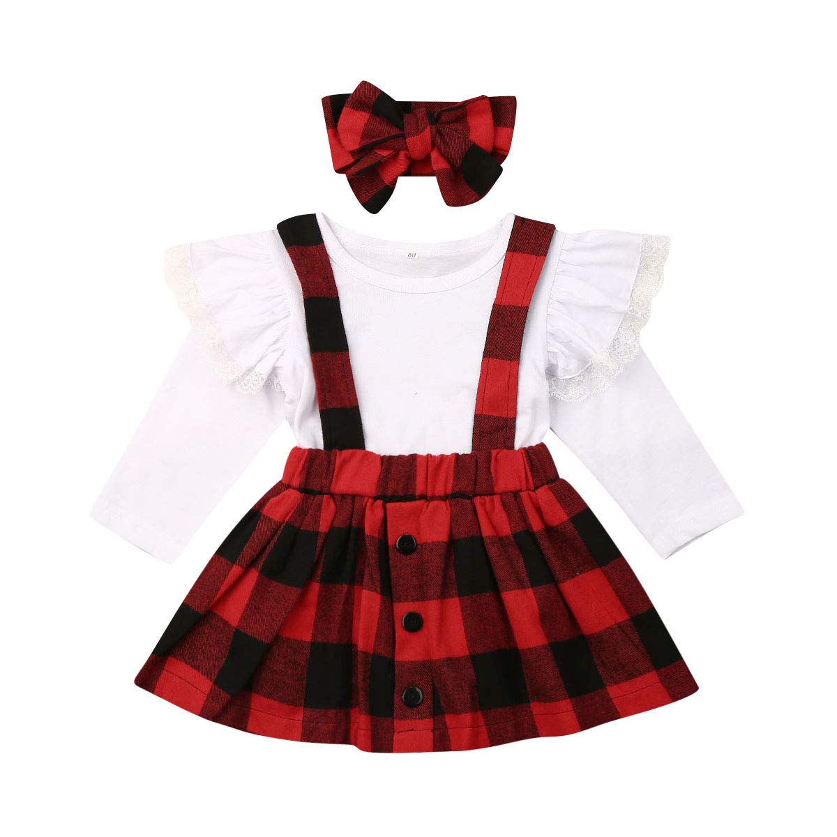 Photo 1 of 3PCS Toddler Baby Girl Cotton Ruffled T Shirts Floral Plaid Overall Skirts Set Toddler Girl Christmas Dresses Outfits ?A Red, 1-2 Years?