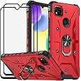 LosruGir for Xiaomi Redmi 10A/9C Case, 2 in 1 Hybrid Heavy Duty Armor Shockproof Defender Kickstand Dual Layer Bumper Hard Back Case Cover Tempered Glass Screen Protector [2 Pack]，Red