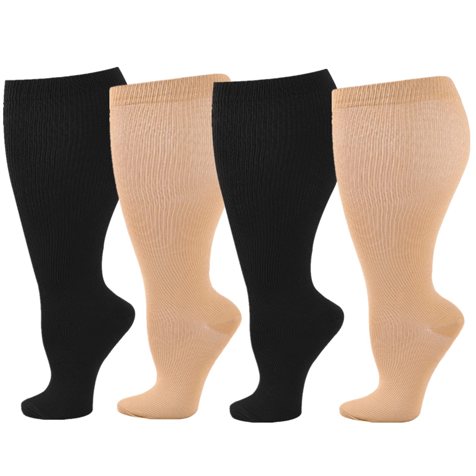 Wide Calf Compression Socks for Women Men, 4 Pairs Plus Size Extra Large Size Support Socks Stockings Reduces Swelling & Pain for Nurses Running Pregnant Travel Flight 20-25 mmHg
