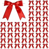 Meseey 50 Pcs 5 Inches Twist Tie Satin Ribbon Bows Pretied Premade Craft Bows for Treat Bags Gift Wrapping Basket Wedding Baby Shower Brithday Christmas Party (Red)