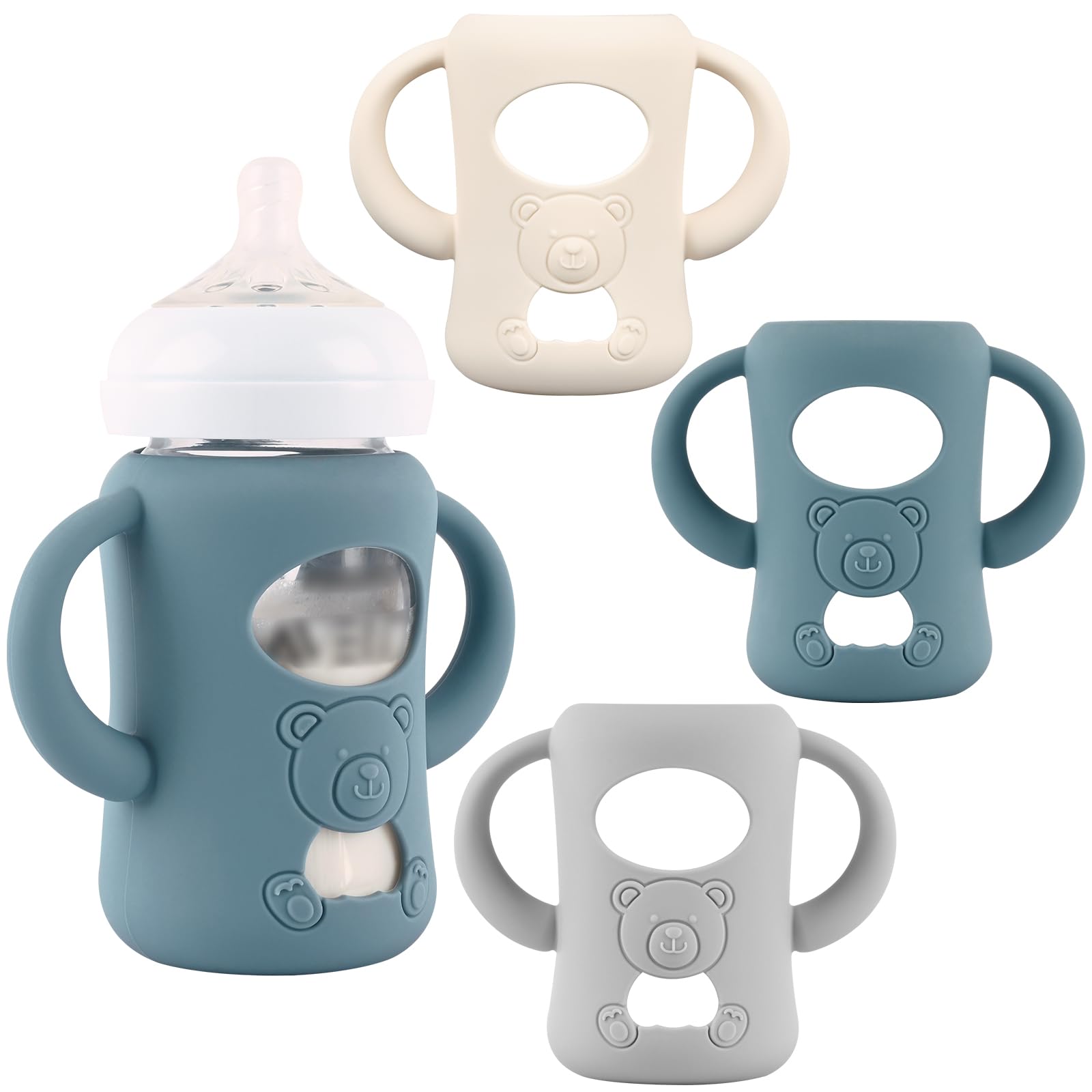 Photo 1 of 3 Pack Silicone Sleeves with Handles for Avent Natural Baby Bottles, Silicone Handles Compatible PP Material Philips Avent Natural Baby Bottle 9 oz (Grey+Dark Blue+Apricot)