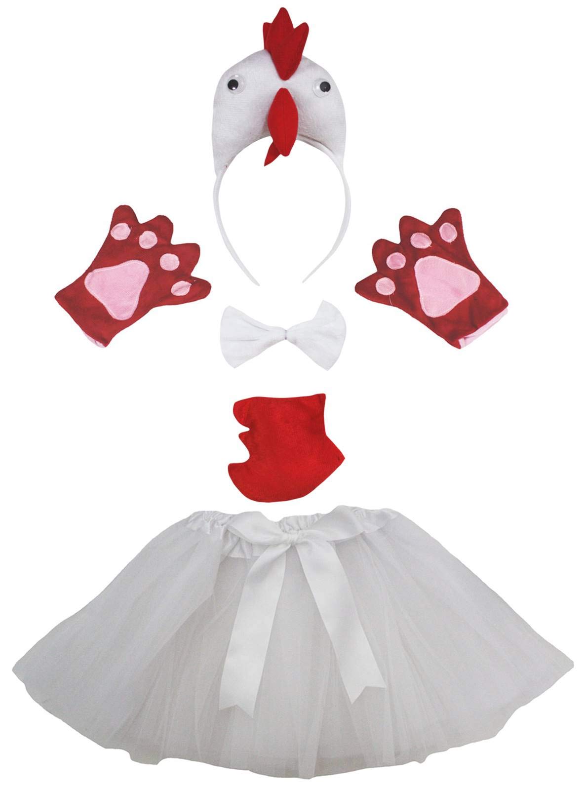 Petitebelle Hen Headband Bowtie Tail Gloves Tutu 5pc Girl Costume 1-10y (White, 1-5 Years)