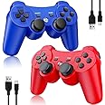 OKHAHA Controller 2 Pack for PS3 Wireless Controller for Sony Playstation 3, Double Shock 3, Bluetooth, Rechargeable, Motion Sensor, Remote for PS3 (No Stripes(Blue + Red))