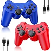 OKHAHA 2 Pack Wireless Controller Compatible with PlayStation 3 (PS3), Bluetooth, Rechargeable with Motion Sensor (No Stripes, Blue + Red)