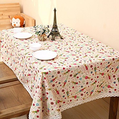 USTARAIL Cotton and Linen Tablecloth,Rabbit and Flower Decorated Table Protector Cover,for Dinner Parties, Summer & Outdoor Picnics