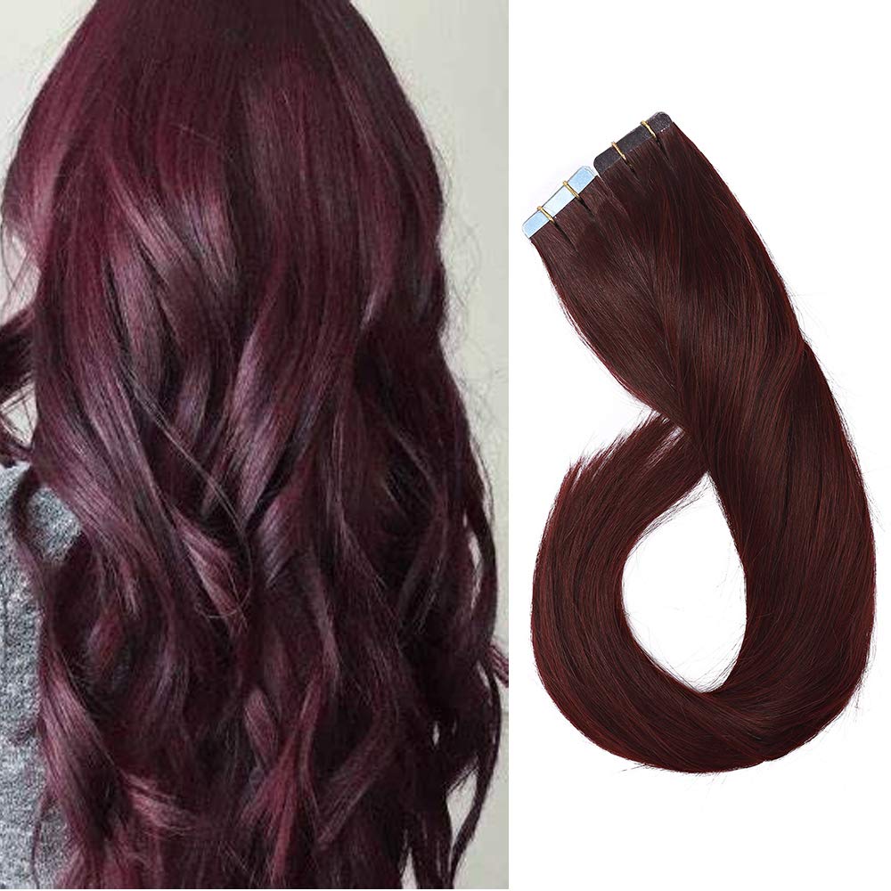 40pcs Tape in Hair Extensions 100% Remy Human Hair Straight Skin Weft Hair Extensions (14inches 80g, 99J Wine Red)