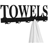 MyGift Towel Rack for Bathroom, Wall Mounted Bath Towel Holder with 5 Dual Hooks, Kitchen Laundry Hand Towel Hanger, Black Metal with Decorative Towel Cutout Design