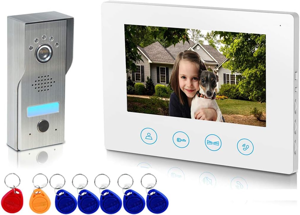 Metecsmart Video Doorbell with ID Cards 7 inch [2- Wires] Camera Video Door Phone Intercom Kit Unlock Function 1-Camera 1-Monitor Night Vision Touch Button Screen- No Wi-Fi & APP White