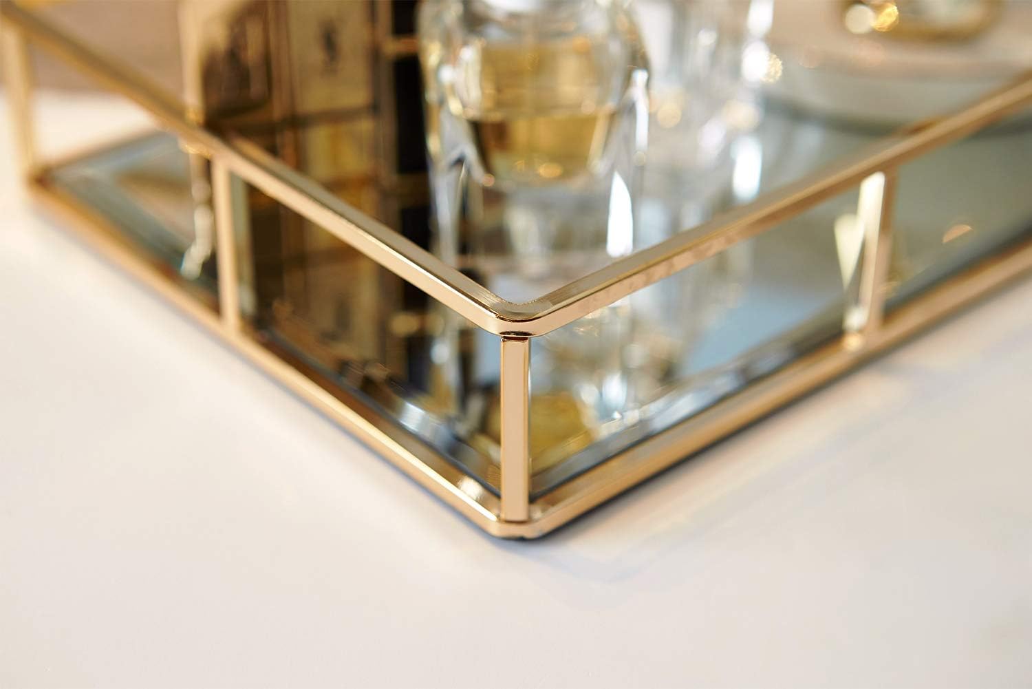PuTwo Tray Mirror, Gold Mirror Tray Perfume Tray Mirror Vanity Tray Dresser Tray Ornate Tray Metal Decorative Tray Tray Jewelry Perfume Organizer Makeup Tray for Vanity, Dresser, Bathroom, Bedroom: Home & Kitchen