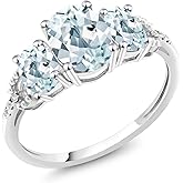 Gem Stone King 10K White Gold Oval Sky Blue Aquamarine and Diamond Accent 3 Stone Engagement Ring For Women | Oval 8X6MM & 6X4MM | Gemstone Birthstone | 2.01 Cttw