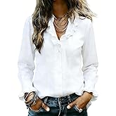 CHERRYBETTY Women's White Ruffled Long Sleeve Blouse Sheer V-Neck Button-Down Shirt Elegant Casual Top