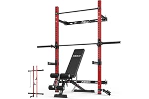 Mikolo 2" x 2" Folding Wall Mounted Squat Rack, 1000 Pounds Capacity Power Rack with Pull Up Bar, J Hooks and Other Attachments, Space-Saving Home Gym
