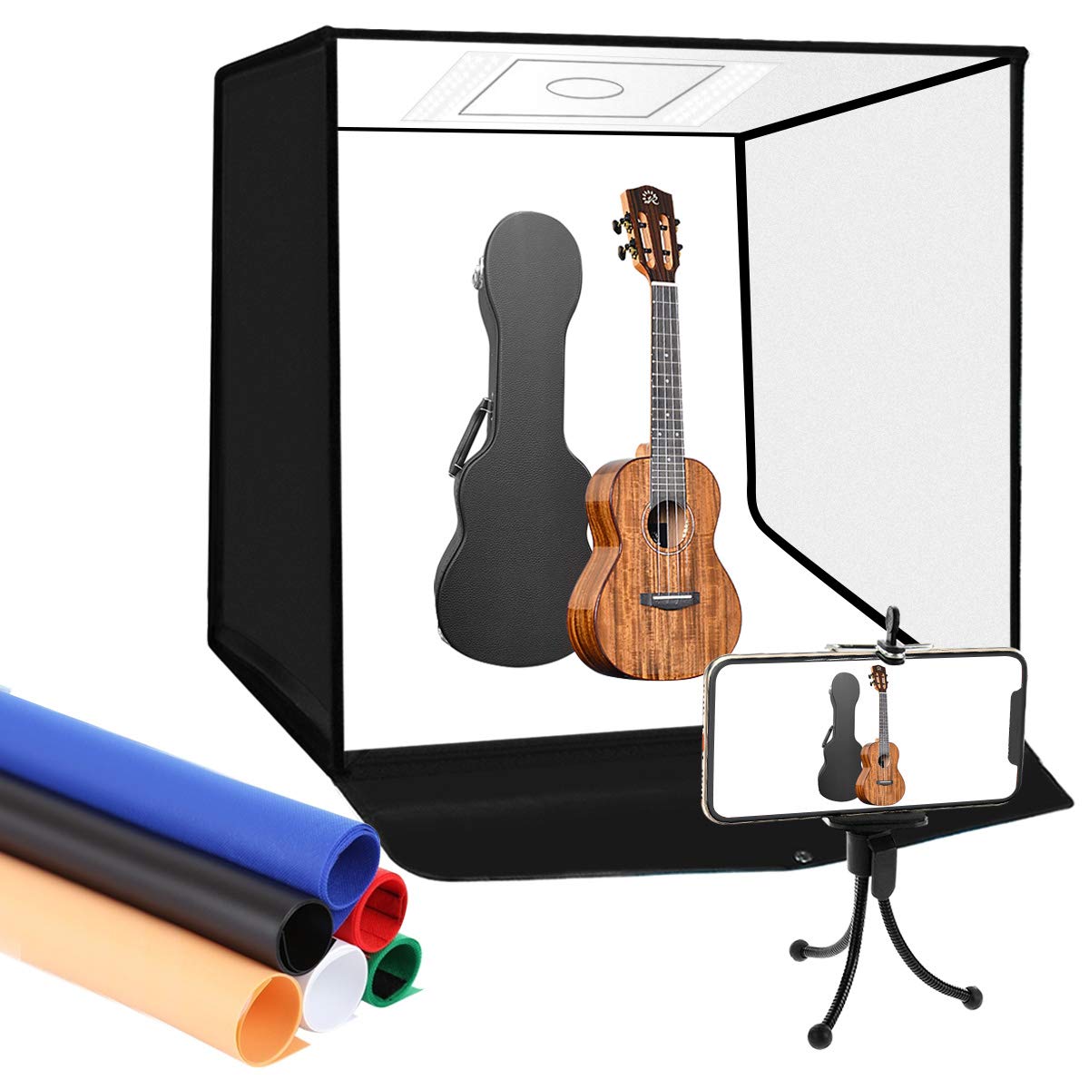 YOTTO Photo Box 24"/60cm Photo Studio Light Box Portable Photography Shooting Tent with 120 LED Lights, Dimmable Table Top Light Tent with 6 Color Backdrops and Mini Phone Tripod