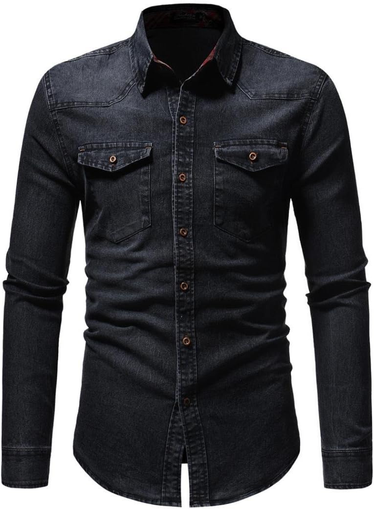 Willsa Men Autumn Winter Fashion Vintage Distressed Solid Denim Long Sleeve T-Shirt Tops