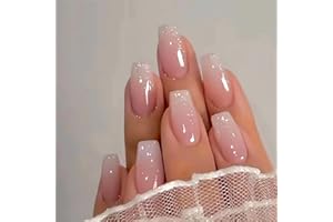 RUOKEXIN Pink Press On Nails Medium Coffin Fake Nails Glossy Acrylic False Nails with Glitter Designs Ombre Pink Full Cover Press Ons Fall Winter Holiday Stick on Nails for Women 24Pcs