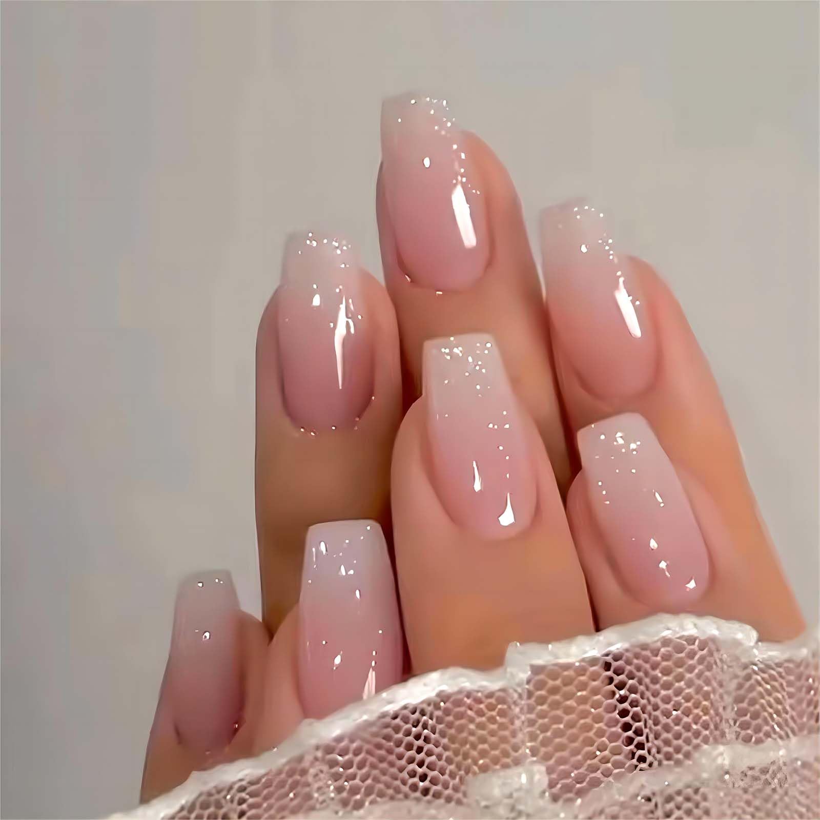 RUOKEXIN Pink Press On Nails Medium Coffin Fake Nails Glossy Acrylic False Nails with Glitter Designs Ombre Pink Full Cover Press Ons Fall Winter Holiday Stick on Nails for Women 24Pcs