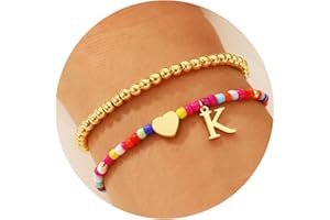 Ritach Christmas Gifts for Teens Girls Kids - 2PCS Colorful Heart Initial Bracelet Stackable Real Gold Plated Stretchable Beaded Bracelets for Teen Girls Kids Birthday Gifts Stocking Stuffers