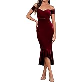 LuFeng Women's Velvet Off Shoulder V-Neck Bodycon Mermaid Dress Ruffle Hem Wedding Guest Cocktail Formal Dress