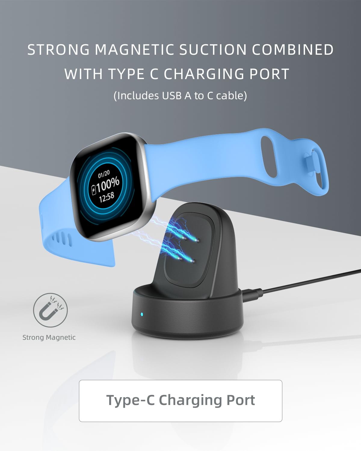 Charger Dock for Fitbit Sense/Sense 2/Versa 3/Versa 4, Charger Replacement Upgraded Magnetic Watch Charger Stand with Charging Cable, Accessories for Fitbit, Black