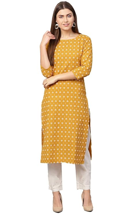 Women's Rayon Printed Kurti with Pant (Yellow)