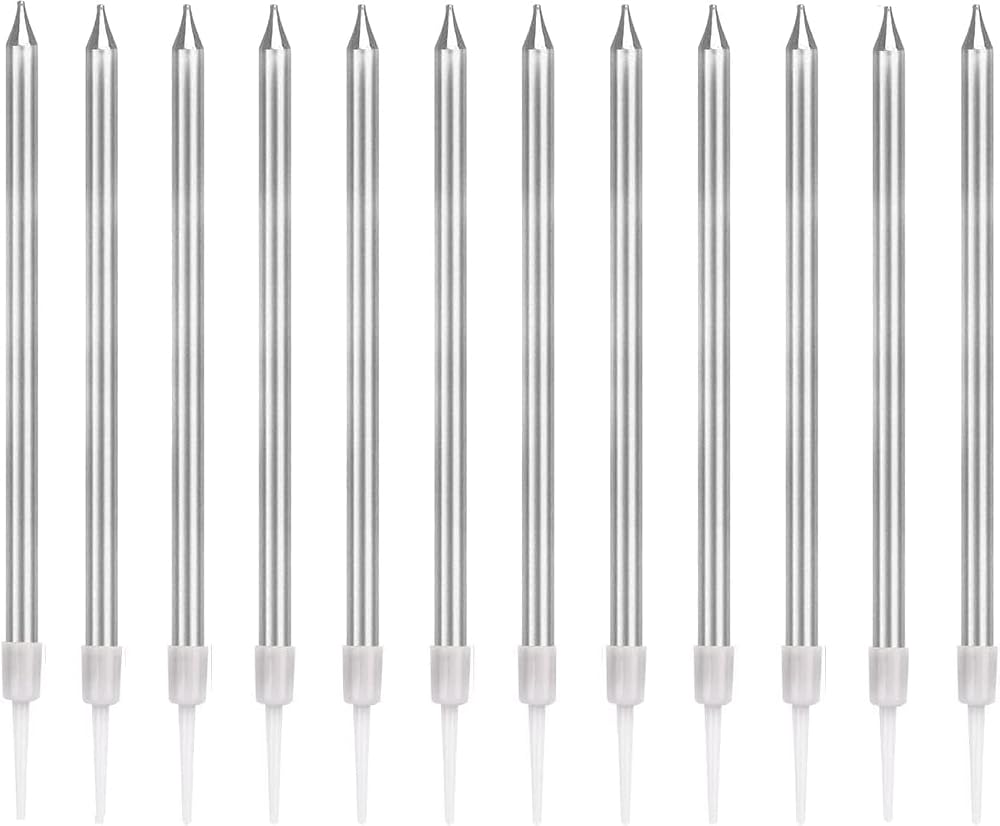 LFBEST Silver Birthday Candles 12 Pieces with Holder, 13cm Tall Glitter Cake