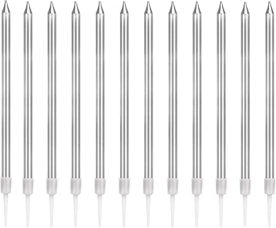 LFBEST Silver Birthday Candles 12 Pieces with Holder, 13cm Tall Glitter Cake