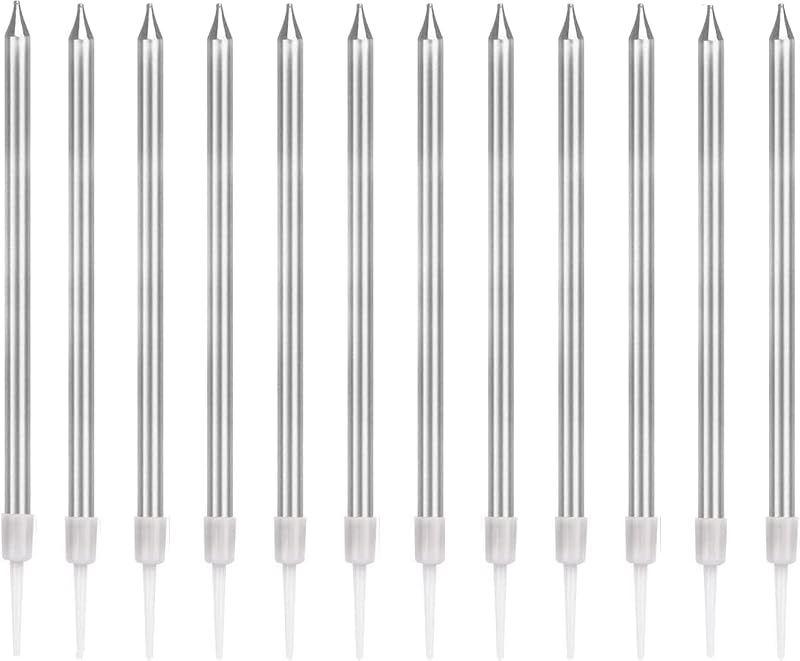 LFBEST Silver Birthday Candles 12 Pieces with Holder, 13cm Tall Glitter Cake