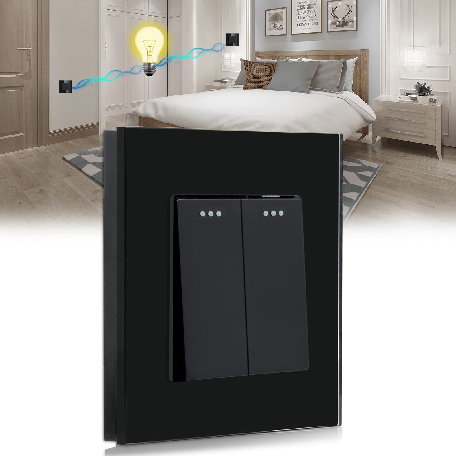 BSEED Light Switch 2 Gang 2 Way,Glass Light Switches,Screwless 10A Rocker Tactile Wall Switch,Black Crystal Toggle Switch