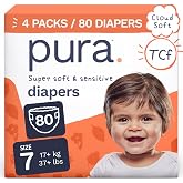 Pura Baby Diapers Size 7 (37+ lbs) 80 Count Sensitive Skin | 12 Hour Leak Protection, New Blowout Blocker, Cloud Soft, Totally Chlorine Free*, Allergy UK Certified