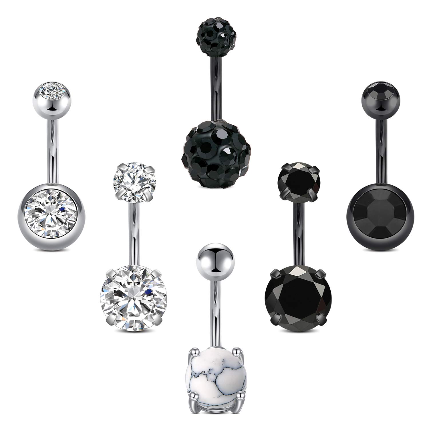 Rajnard 14G 10MM Stainless Steel Belly Bar Marble Stone CZ for Women Mixed Style Navel Rings Body Piercing Jewelry
