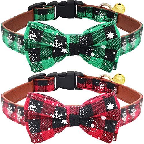 KUDES 2 Pack/Set Christmas Snowflake Dog Collars Breakaway with Bow Tie and Bells for Cat and Small/Medium/Large Pets, Red & Green (M(11.8”-17.8”), Red+Green 2)