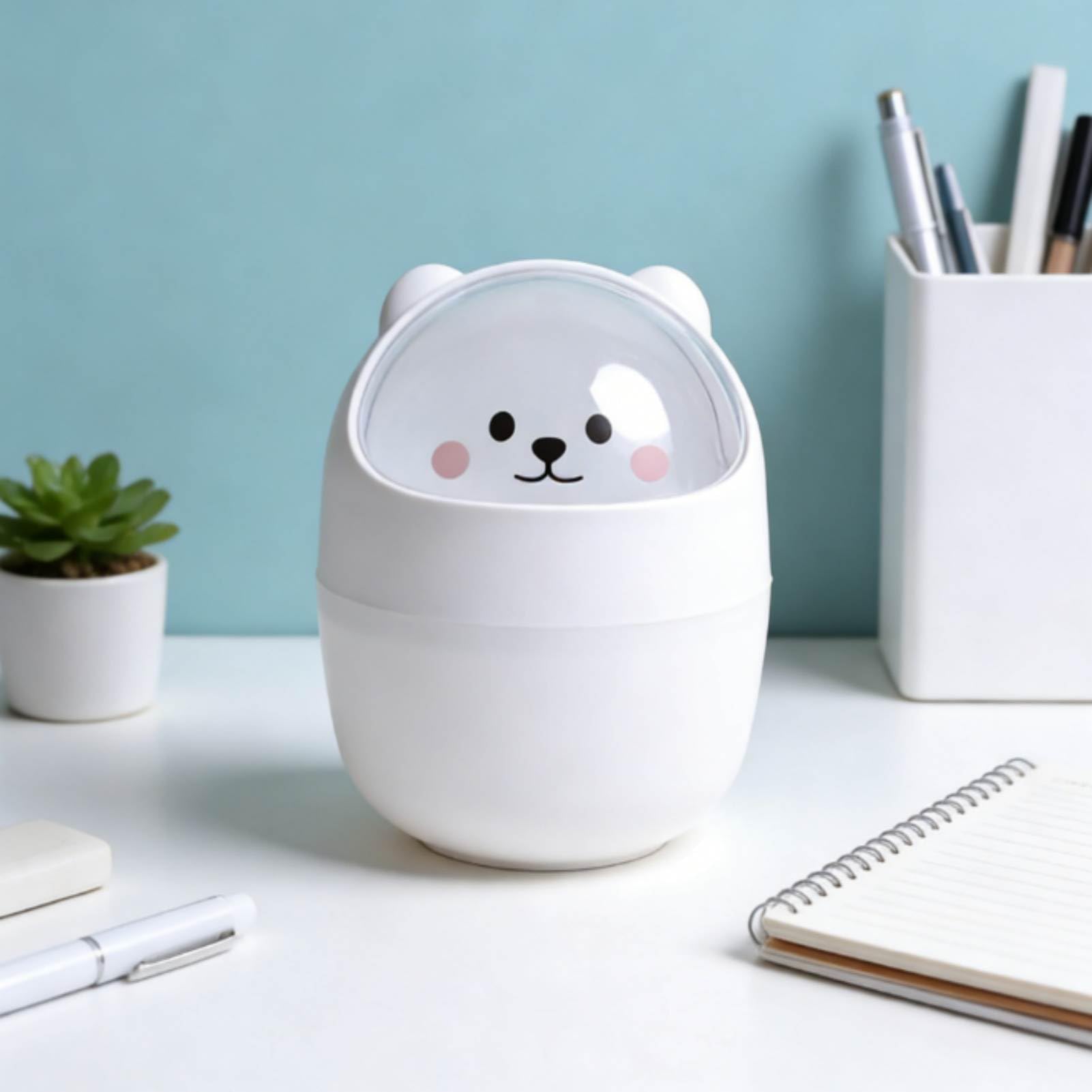 Cyrank Mini Desktop Bin, Desktop Paper Bin with Lid, Mini Trash Can Cartoon Bear Cute Desktop Paper Table Waste Can 15.5x11cm/6.1x4.3in (White)