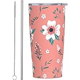 CHASOEA Pink Floral Tumbler 20oz Flower Stainless Steel Insulated Tumblers with Lid and Straw Flower and Leaves Travel Coffee Mug Tea Wine Cups Water Bottle Floral Gifts for Women