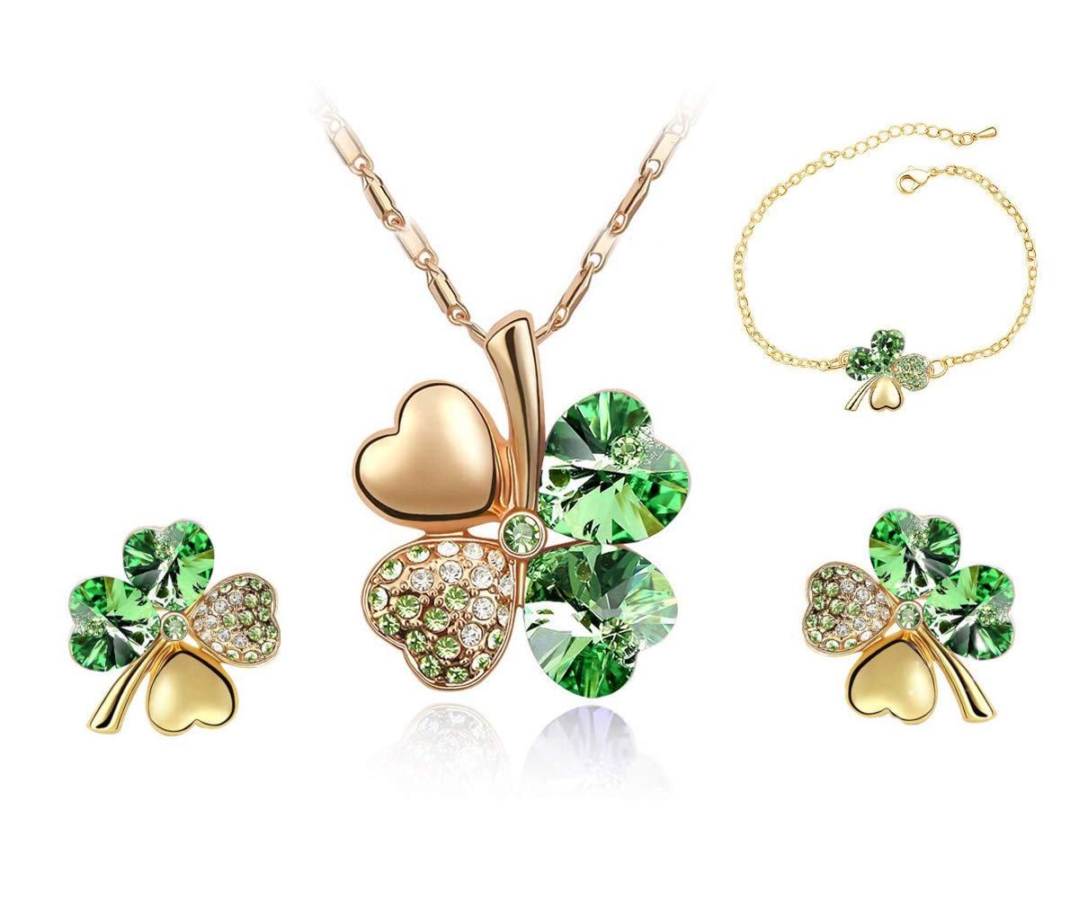Mall of Style Four Leaf Clover Necklace - St.Patricks Day Earrings - Shamrock Earrings - Irish Jewelry - Bracelet, Copper Alloy, Rhinestone