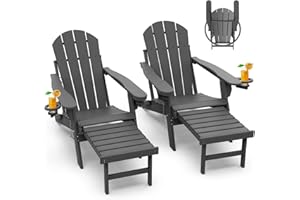 GREENVINES Adirondack-Chairs-with-Ottoman | Set of 2 | Folding | Retractable-Footrest | HDPE Plastic | All Weather Fire Pit Chair | Cup Holders | Grey | for Outdoor Poolside