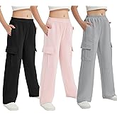 EXARUS Girls Sweatpants with Cargo Pockets Elastic Waistband Wide Leg Causal Kids High Waisted Pants 6-14Y